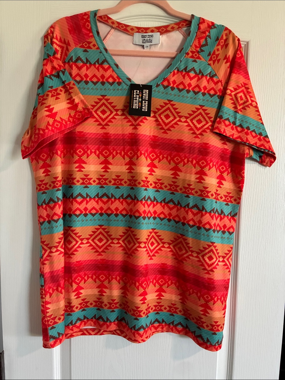 LuLaRoe Short Sleeve V-Neck Tee in Coral, Turquoise & Tan